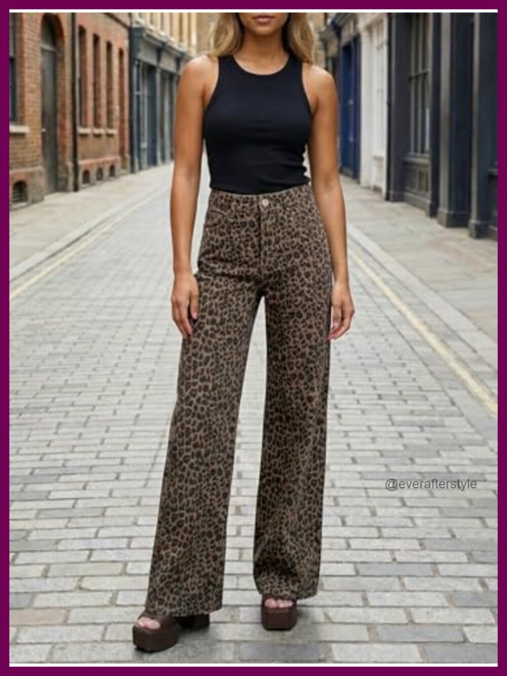 High Waisted Wide Leg Stretchy Leopard Print Jeans with Pockets - Picture 4 of 5